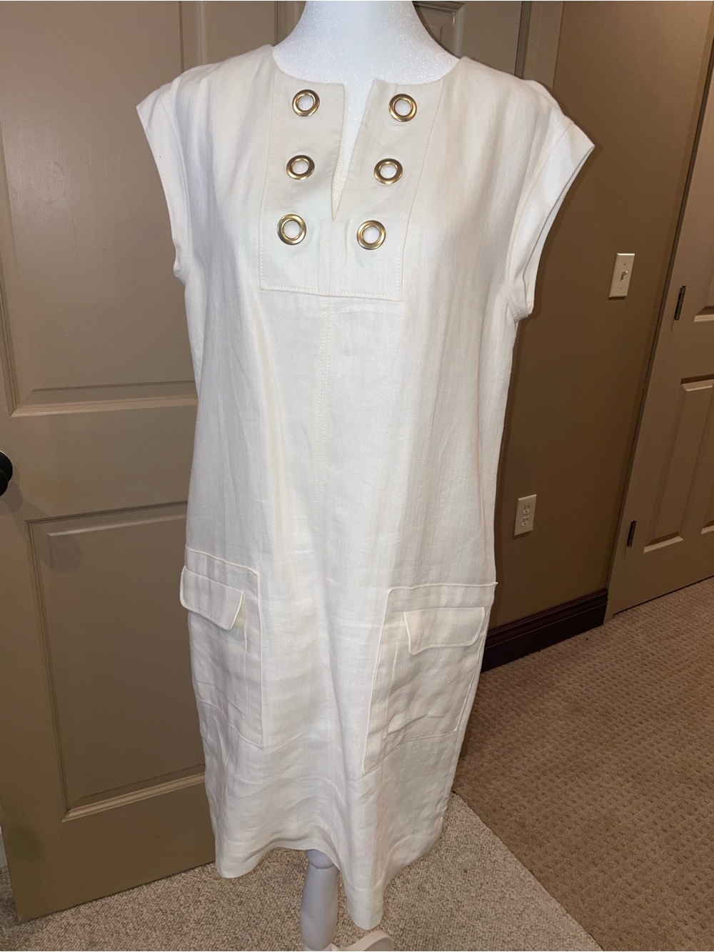 J. Crew Cream Linen Midi Dress with Gold Eyelet Detail